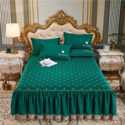 91家纺网 家纺一手货源 找家纺 菊上 2021新款60支长绒棉山茶花系列加棉床裙 墨绿