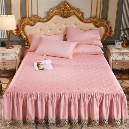 91家纺网 家纺一手货源 找家纺 菊上 2021新款60支长绒棉山茶花系列加棉床裙 粉玉色