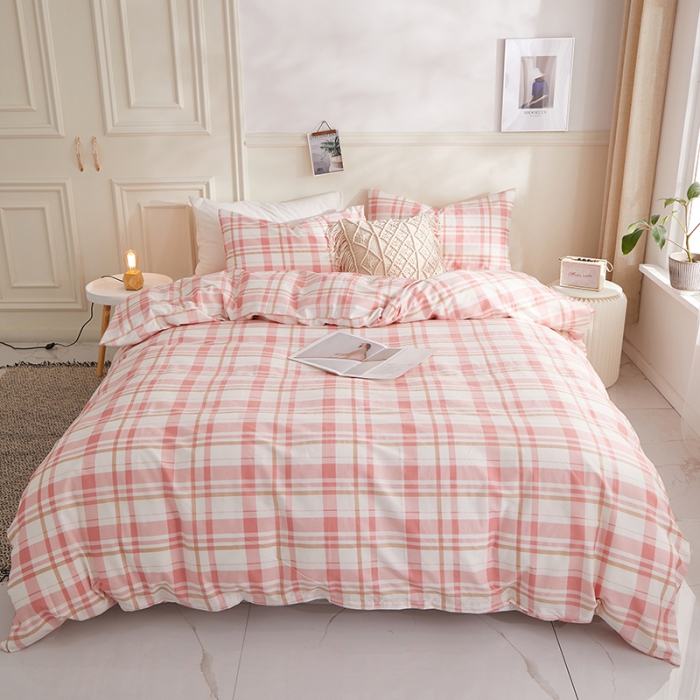 91家纺网 家纺一手货源 找家纺 一米阳光 2020新款格子系列单被套草莓粉