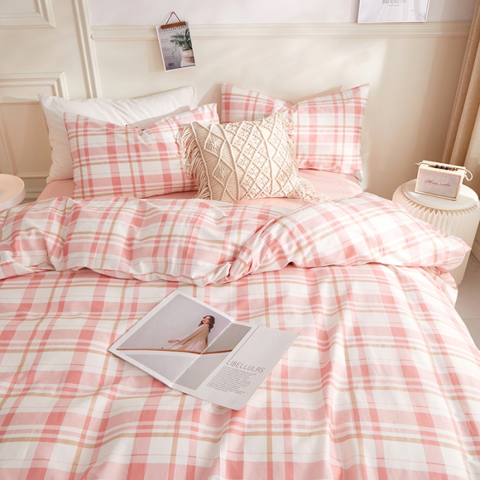 91家纺网 家纺一手货源 找家纺 一米阳光 2020新款格子系列单被套草莓粉