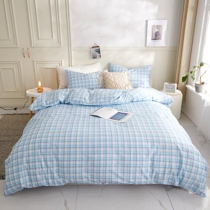 91家纺网 家纺一手货源 找家纺 一米阳光 2020新款格子系列单被套清澈蓝