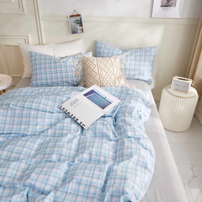 91家纺网 家纺一手货源 找家纺 一米阳光 2020新款格子系列单被套清澈蓝