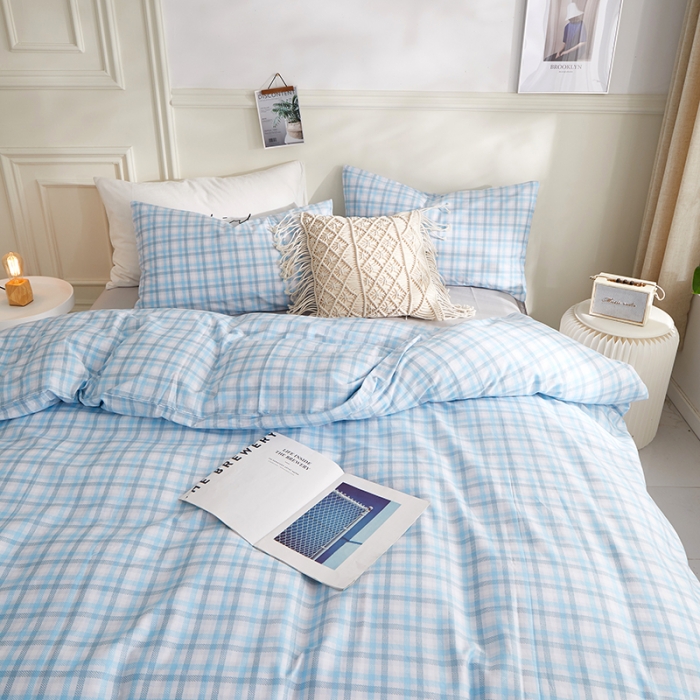 91家纺网 家纺一手货源 找家纺 一米阳光 2020新款格子系列单被套清澈蓝