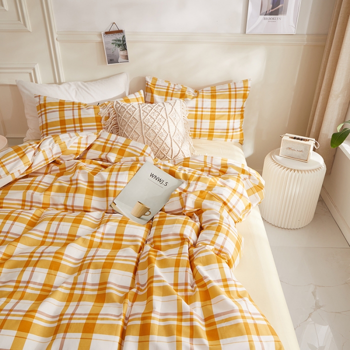 91家纺网 家纺一手货源 找家纺 一米阳光 2020新款格子系列单被套甜橙黄