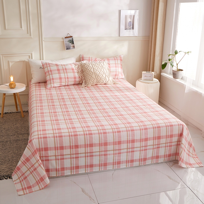 91家纺网 家纺一手货源 找家纺 一米阳光 2020新款格子系列单床单草莓粉