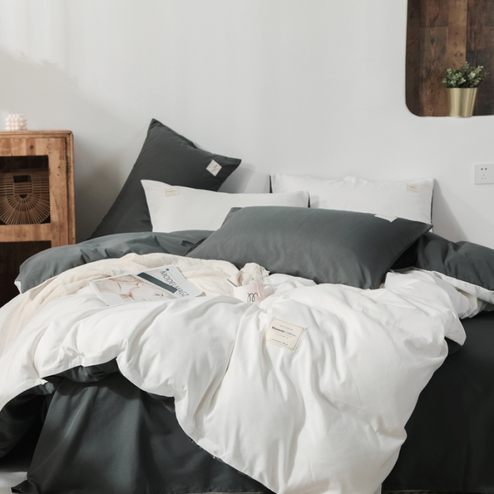 91家纺网 家纺一手货源 找家纺 米粒 2020新款纯色磨毛四件套 白+深灰