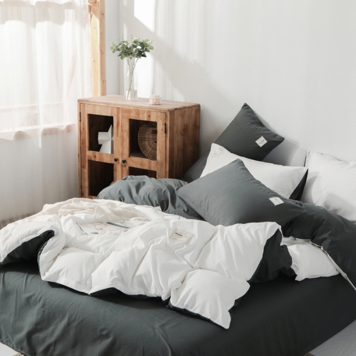 91家纺网 家纺一手货源 找家纺 米粒 2020新款纯色磨毛四件套 白+深灰