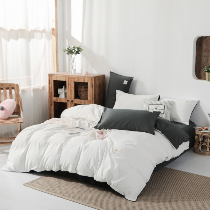 91家纺网 家纺一手货源 找家纺 米粒 2020新款纯色磨毛四件套 白+深灰