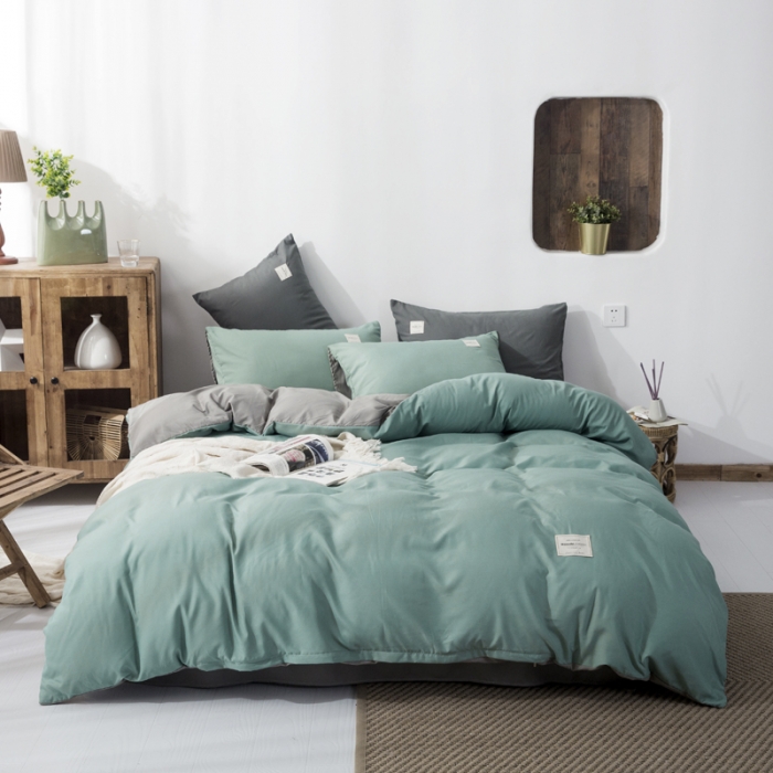 91家纺网 家纺一手货源 找家纺 米粒 2020新款纯色磨毛四件套 薄荷+灰