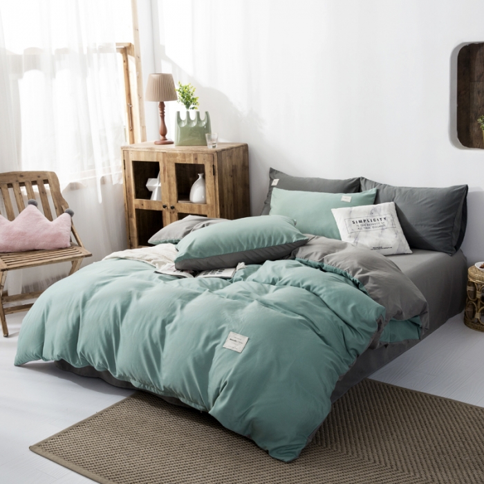 91家纺网 家纺一手货源 找家纺 米粒 2020新款纯色磨毛四件套 薄荷+灰