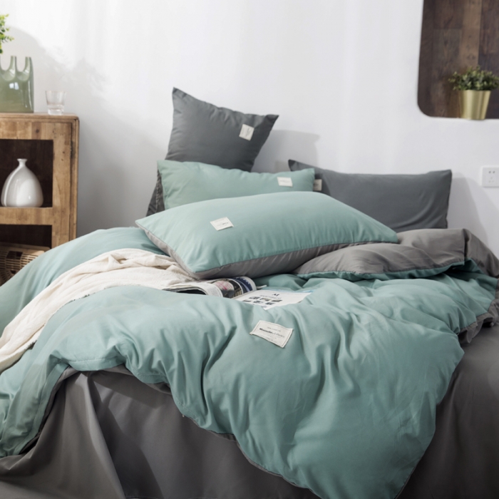 91家纺网 家纺一手货源 找家纺 米粒 2020新款纯色磨毛四件套 薄荷+灰