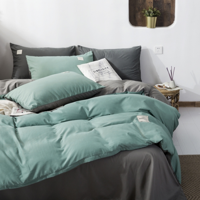 91家纺网 家纺一手货源 找家纺 米粒 2020新款纯色磨毛四件套 薄荷+灰