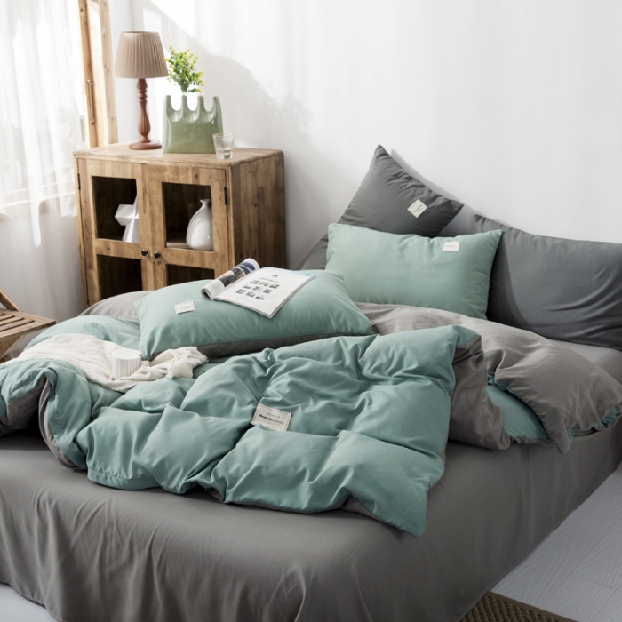 91家纺网 家纺一手货源 找家纺 米粒 2020新款纯色磨毛四件套 薄荷+灰