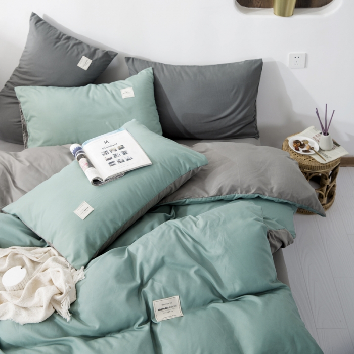 91家纺网 家纺一手货源 找家纺 米粒 2020新款纯色磨毛四件套 薄荷+灰