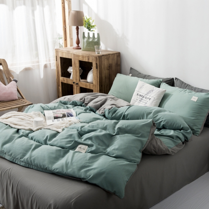 91家纺网 家纺一手货源 找家纺 米粒 2020新款纯色磨毛四件套 薄荷+灰