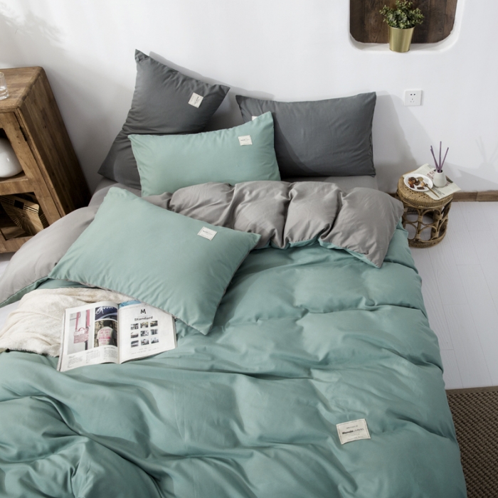 91家纺网 家纺一手货源 找家纺 米粒 2020新款纯色磨毛四件套 薄荷+灰