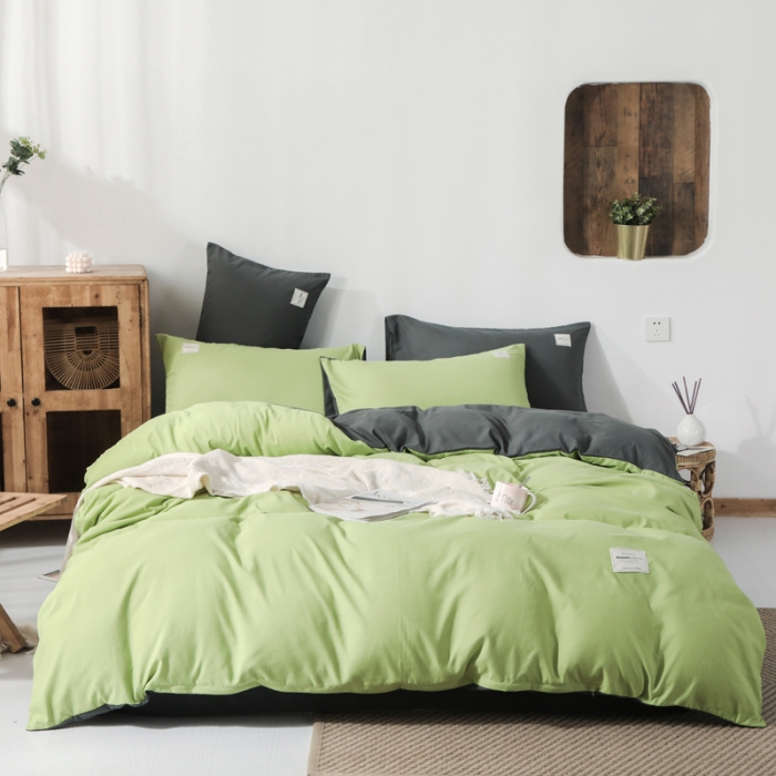 91家纺网 家纺一手货源 找家纺 米粒 2020新款纯色磨毛四件套 豆绿+深灰