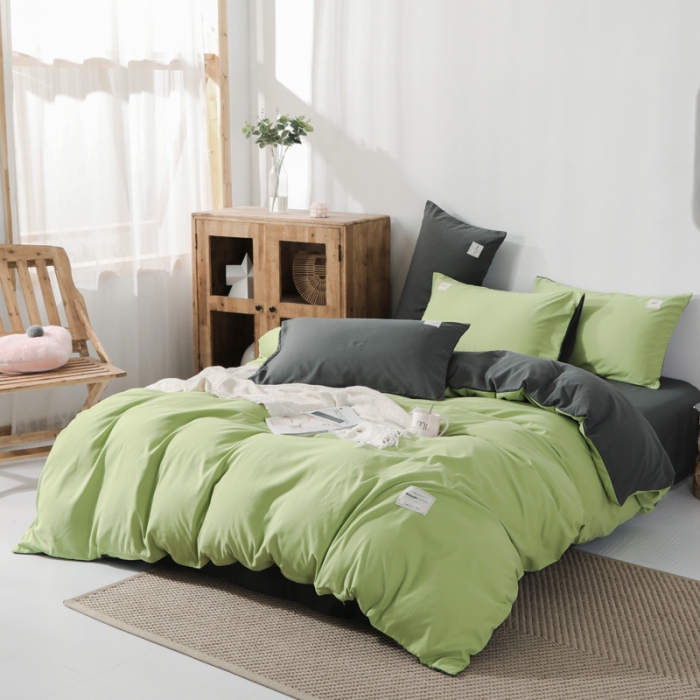 91家纺网 家纺一手货源 找家纺 米粒 2020新款纯色磨毛四件套 豆绿+深灰