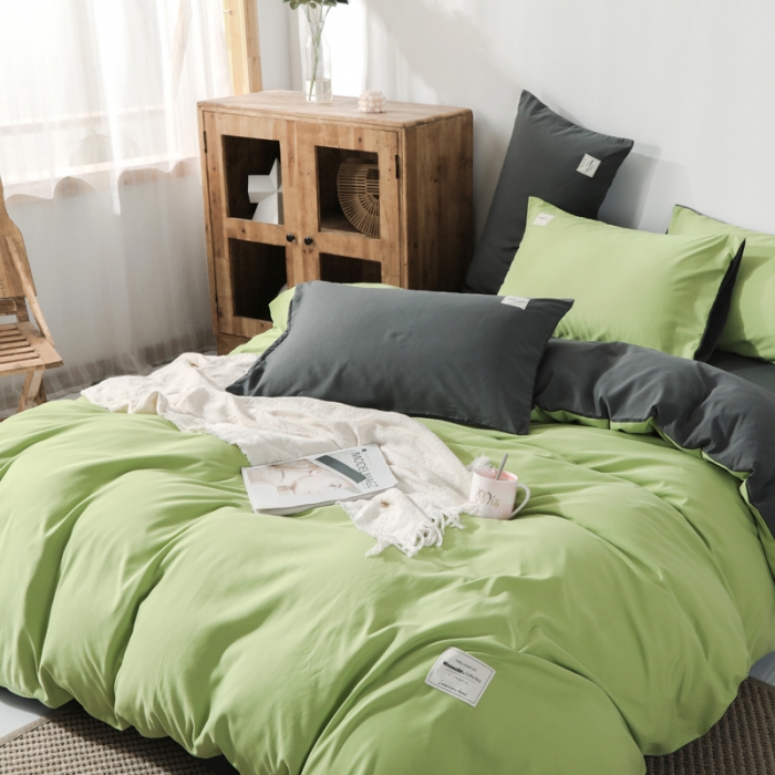 91家纺网 家纺一手货源 找家纺 米粒 2020新款纯色磨毛四件套 豆绿+深灰