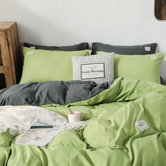 91家纺网 家纺一手货源 找家纺 米粒 2020新款纯色磨毛四件套 豆绿+深灰