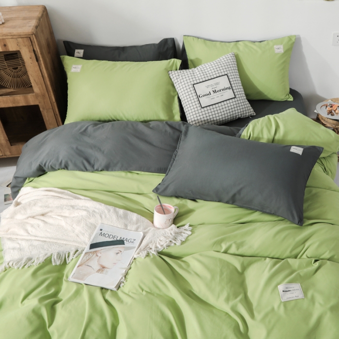 91家纺网 家纺一手货源 找家纺 米粒 2020新款纯色磨毛四件套 豆绿+深灰