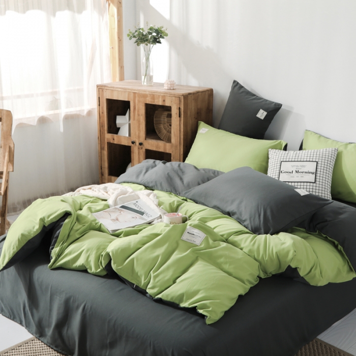 91家纺网 家纺一手货源 找家纺 米粒 2020新款纯色磨毛四件套 豆绿+深灰