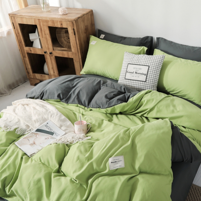 91家纺网 家纺一手货源 找家纺 米粒 2020新款纯色磨毛四件套 豆绿+深灰