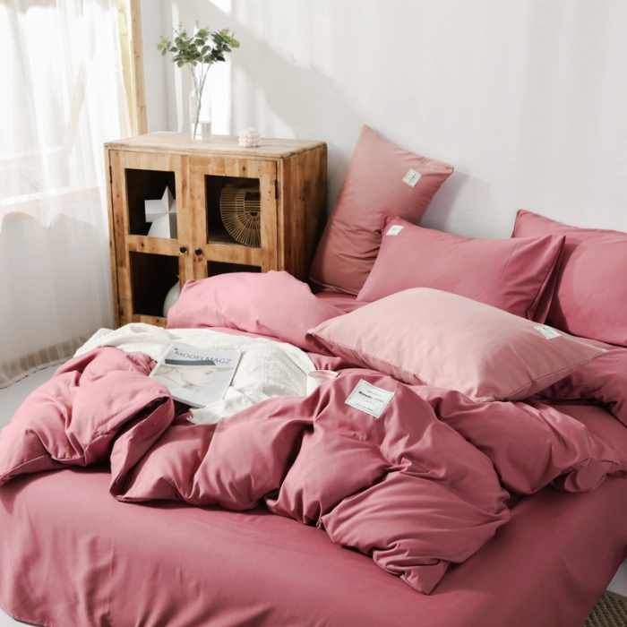 91家纺网 家纺一手货源 找家纺 米粒 2020新款纯色磨毛四件套 豆沙