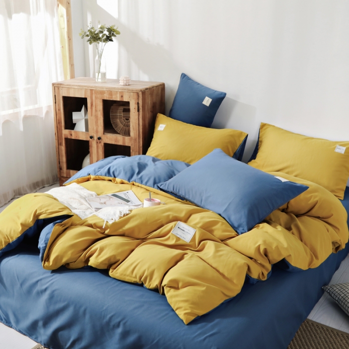 91家纺网 家纺一手货源 找家纺 米粒 2020新款纯色磨毛四件套 姜黄+兰