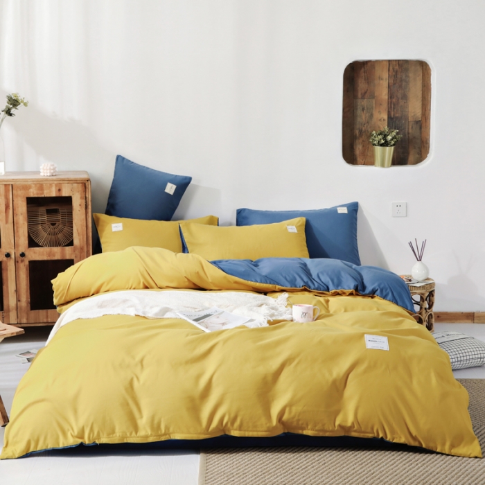 91家纺网 家纺一手货源 找家纺 米粒 2020新款纯色磨毛四件套 姜黄+兰