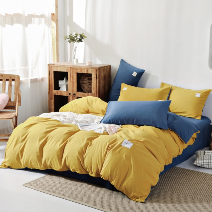 91家纺网 家纺一手货源 找家纺 米粒 2020新款纯色磨毛四件套 姜黄+兰