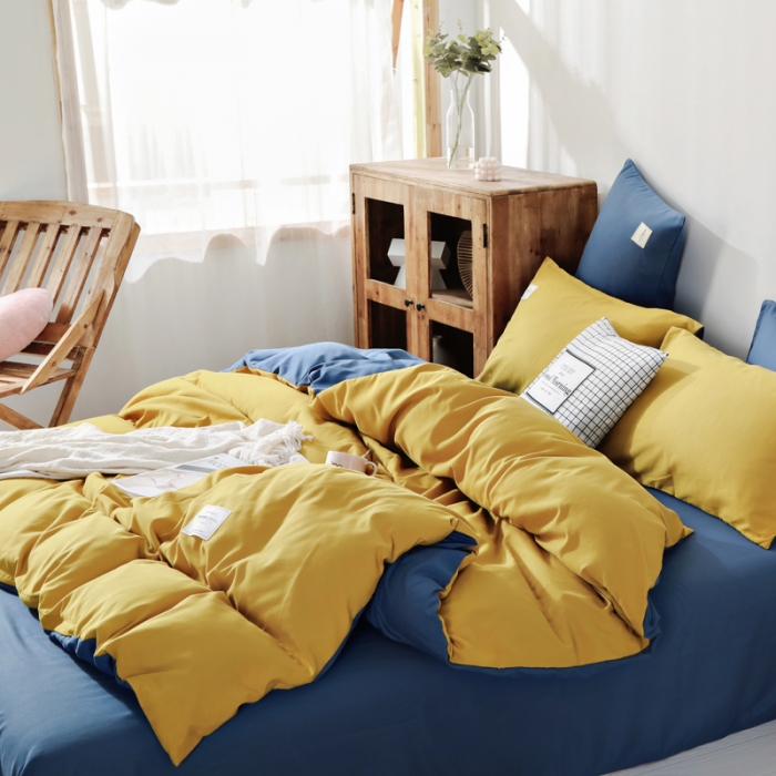 91家纺网 家纺一手货源 找家纺 米粒 2020新款纯色磨毛四件套 姜黄+兰