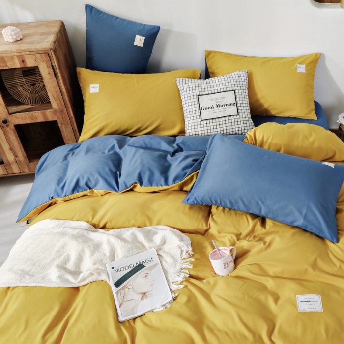 91家纺网 家纺一手货源 找家纺 米粒 2020新款纯色磨毛四件套 姜黄+兰