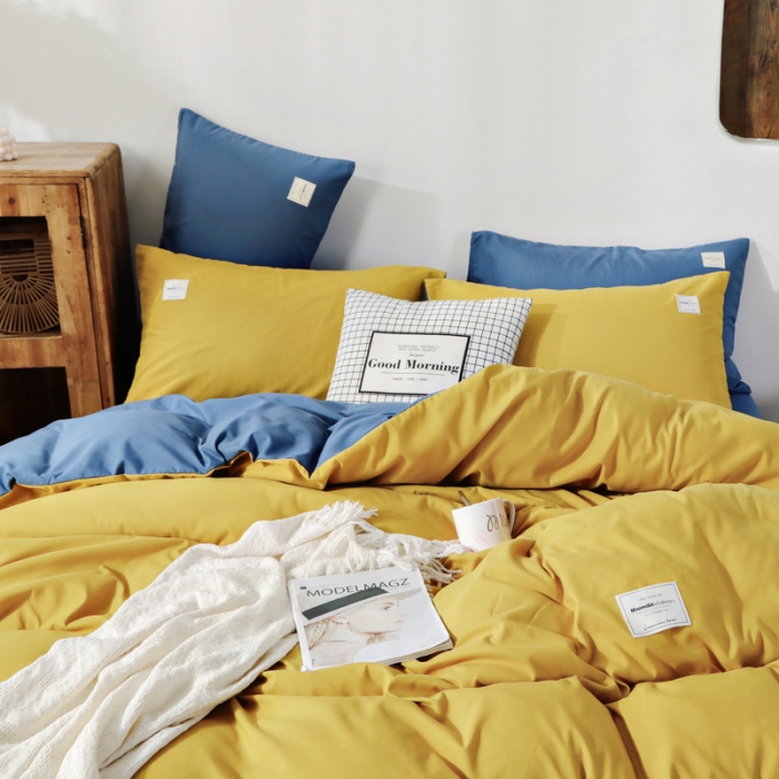 91家纺网 家纺一手货源 找家纺 米粒 2020新款纯色磨毛四件套 姜黄+兰