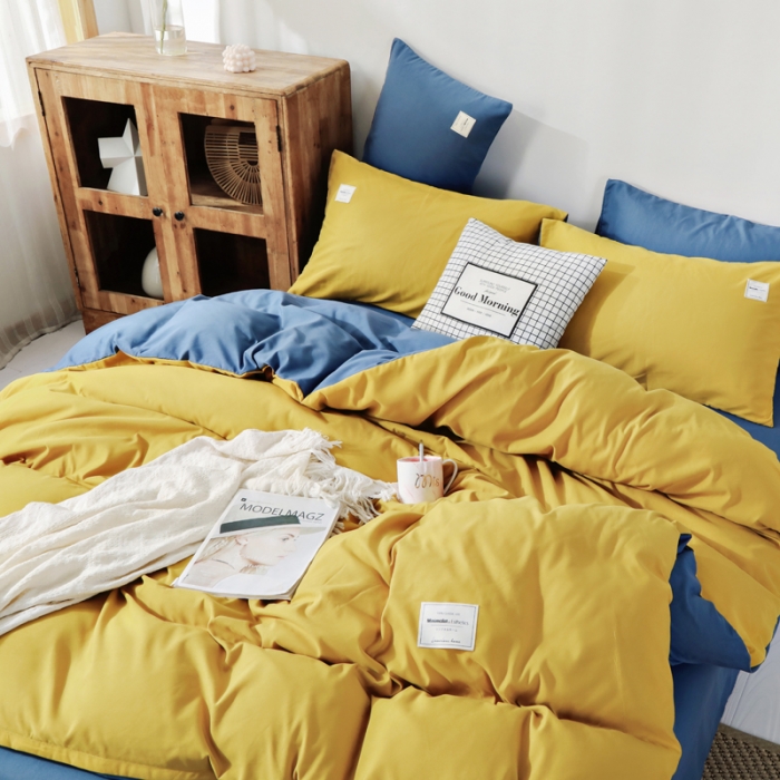 91家纺网 家纺一手货源 找家纺 米粒 2020新款纯色磨毛四件套 姜黄+兰