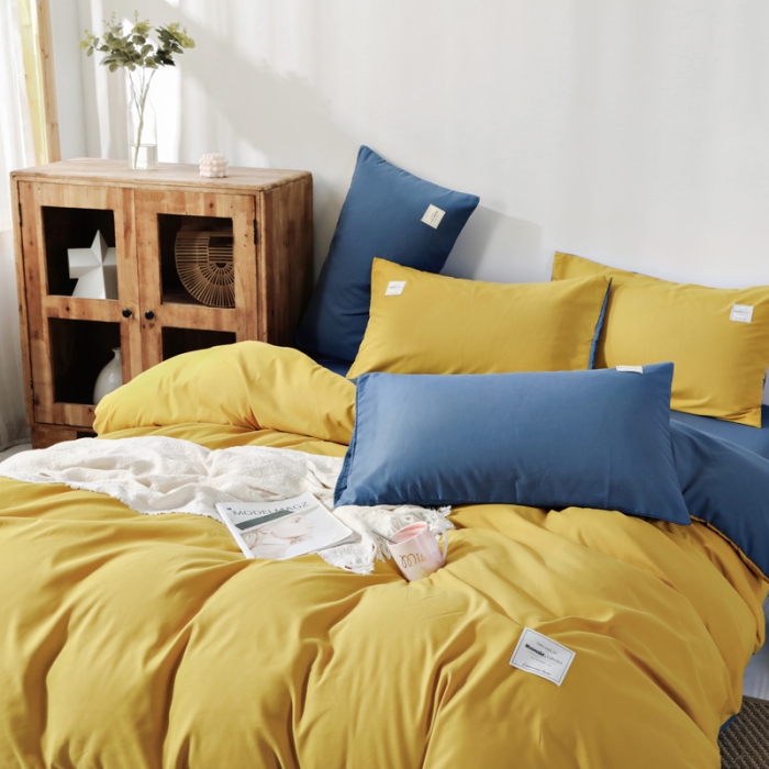 91家纺网 家纺一手货源 找家纺 米粒 2020新款纯色磨毛四件套 姜黄+兰