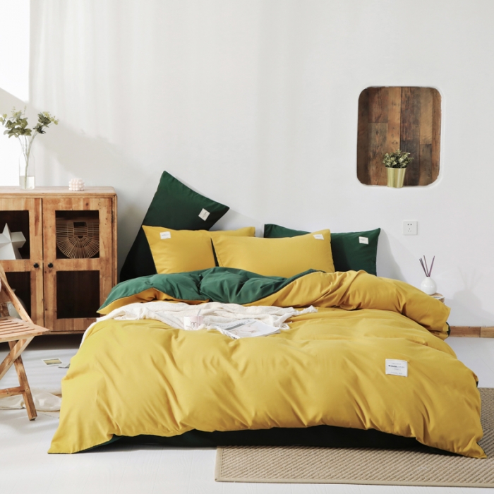 91家纺网 家纺一手货源 找家纺 米粒 2020新款纯色磨毛四件套 姜黄+墨绿