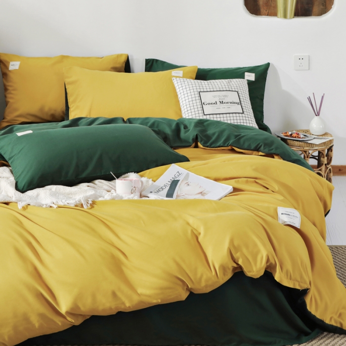 91家纺网 家纺一手货源 找家纺 米粒 2020新款纯色磨毛四件套 姜黄+墨绿