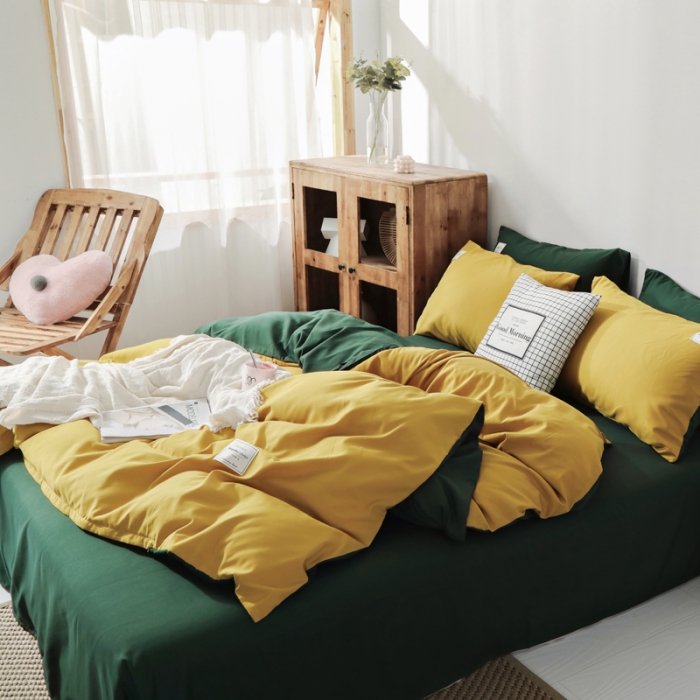 91家纺网 家纺一手货源 找家纺 米粒 2020新款纯色磨毛四件套 姜黄+墨绿