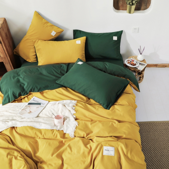 91家纺网 家纺一手货源 找家纺 米粒 2020新款纯色磨毛四件套 姜黄+墨绿