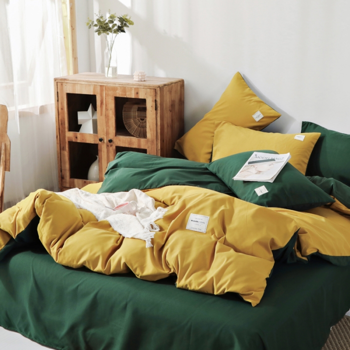 91家纺网 家纺一手货源 找家纺 米粒 2020新款纯色磨毛四件套 姜黄+墨绿