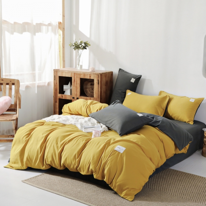 91家纺网 家纺一手货源 找家纺 米粒 2020新款纯色磨毛四件套 姜黄+深灰