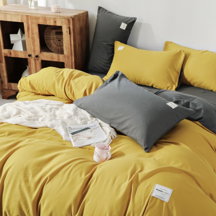 91家纺网 家纺一手货源 找家纺 米粒 2020新款纯色磨毛四件套 姜黄+深灰