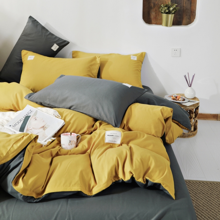 91家纺网 家纺一手货源 找家纺 米粒 2020新款纯色磨毛四件套 姜黄+深灰