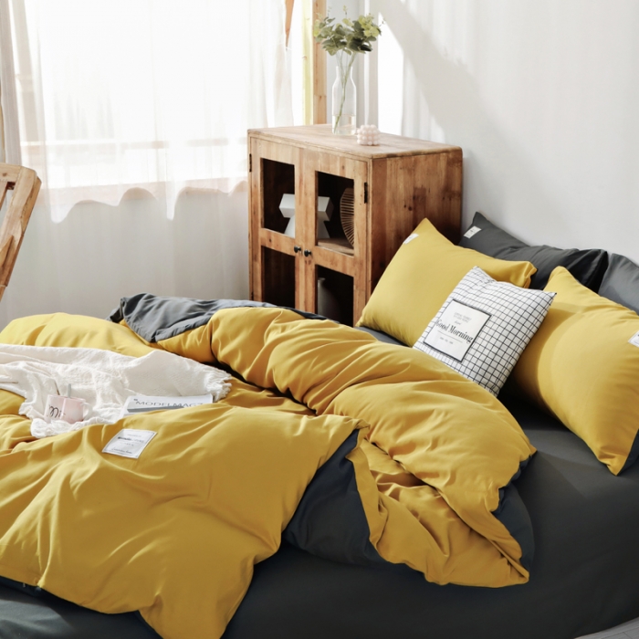 91家纺网 家纺一手货源 找家纺 米粒 2020新款纯色磨毛四件套 姜黄+深灰