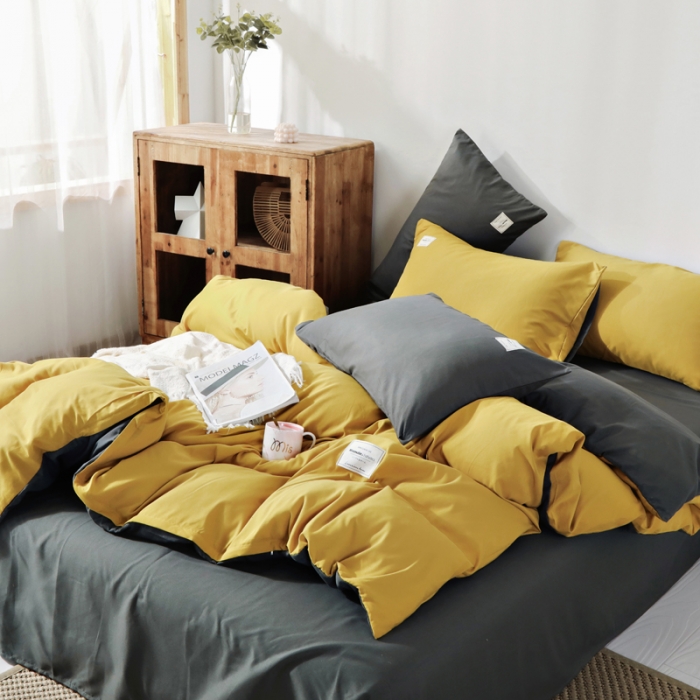 91家纺网 家纺一手货源 找家纺 米粒 2020新款纯色磨毛四件套 姜黄+深灰