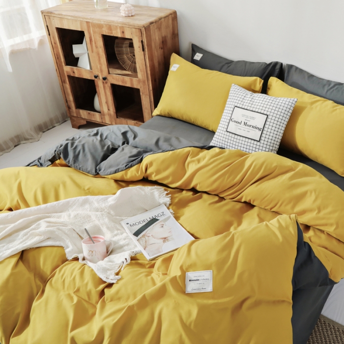 91家纺网 家纺一手货源 找家纺 米粒 2020新款纯色磨毛四件套 姜黄+深灰