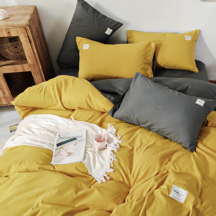 91家纺网 家纺一手货源 找家纺 米粒 2020新款纯色磨毛四件套 姜黄+深灰