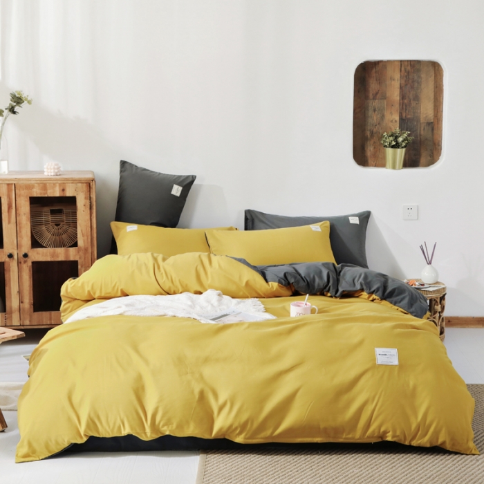 91家纺网 家纺一手货源 找家纺 米粒 2020新款纯色磨毛四件套 姜黄+深灰