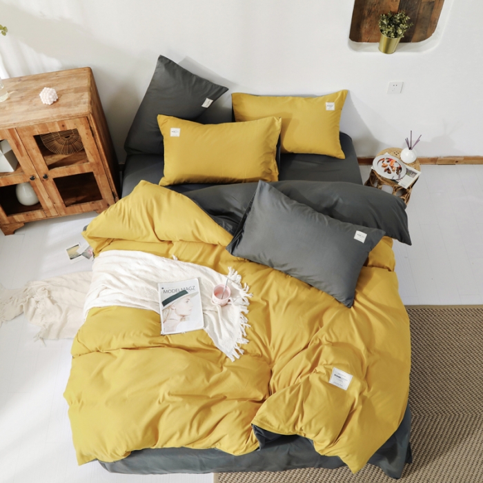 91家纺网 家纺一手货源 找家纺 米粒 2020新款纯色磨毛四件套 姜黄+深灰